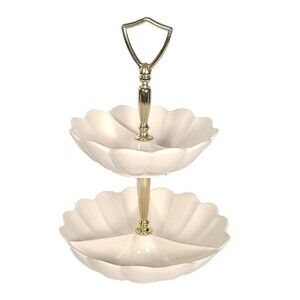 Vintage USA 2 Tier Scalloped Fluted Ceramic Serving 5 Section Tray Candy Nut 11"